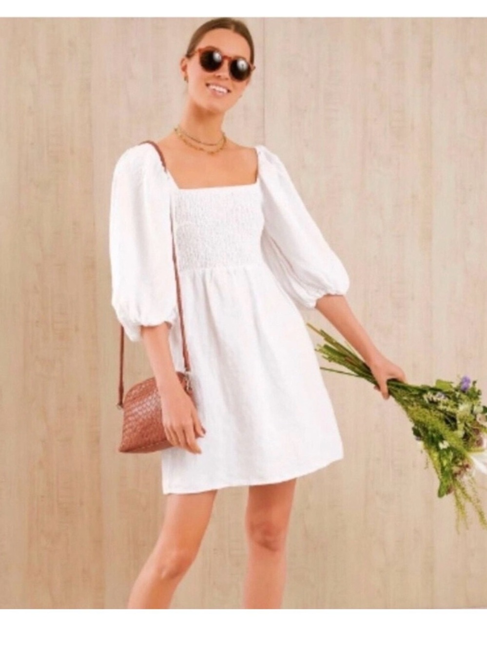 Tuckernuck White Smocked Square-Neck Mini Dress with Puff Sleeves